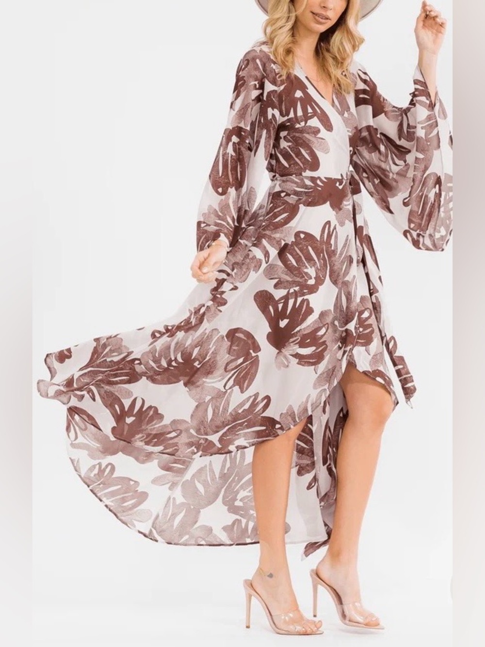 0220.  Brown Floral Wrap Maxi Dress - Women's V-Neck Tie Waist - Picture 2 of 4